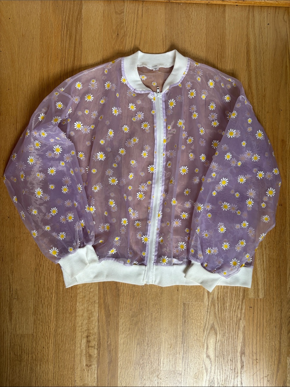 Sheer Lavender Daisy Bomber Jacket with White Trim